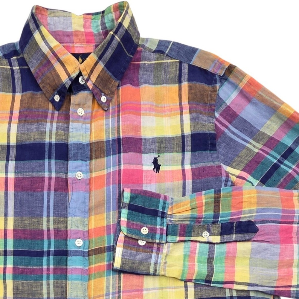 Ralph Lauren Classic Fit Linen Plaid Button Down Shirt Multicolor Pony Mens XL